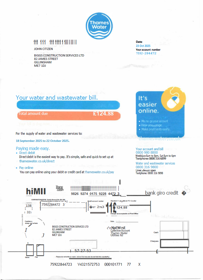 United Kingdom Thames Water utility bill template in Word and PDF formats, version 2